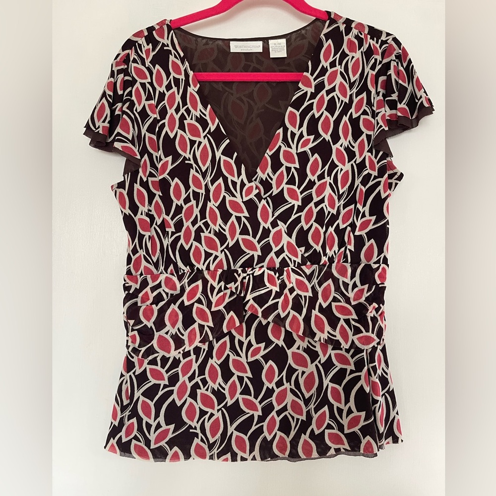 Worthington Coral and Brown Patterned Blouse